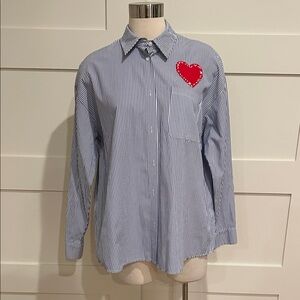 ROMI BASHA- blue white striped oversize button-down with red heart